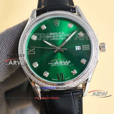 AAA replica Rolex Datejust green dial diamond bezel leather strap watch 